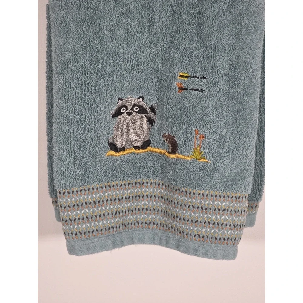 Forest Friends Bath Towels Set 2 Raccoon Arrow Green Cottagecore Nursery Bath